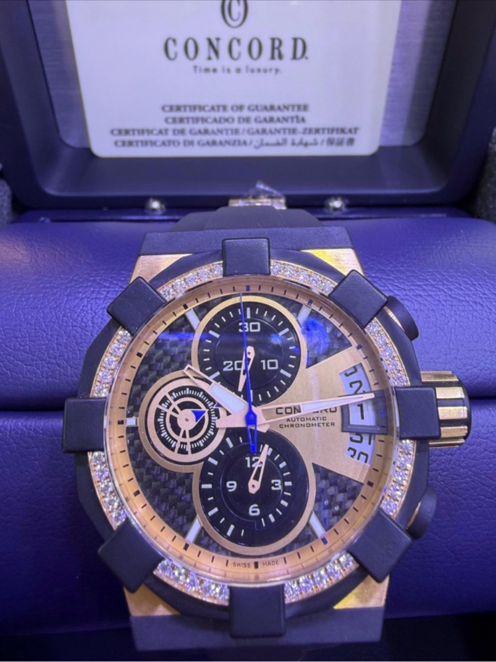 Men's Rose Gold and Black Chronograph Concord Watch, Rare Factory Diamond Bezel
